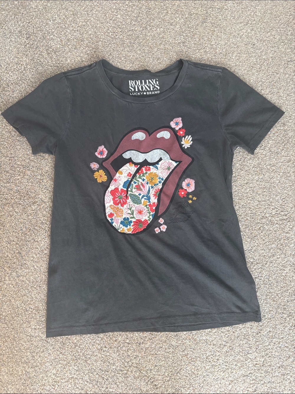 Lucky Brand Black Tee with Floral Tongue Graphic Patch